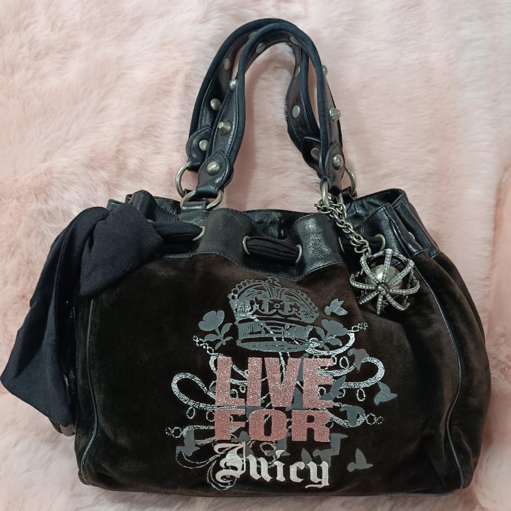 Juicy Couture Daydreamer Velour Bag Purse Vintage Bow Ribbon Charm Bling Logo
